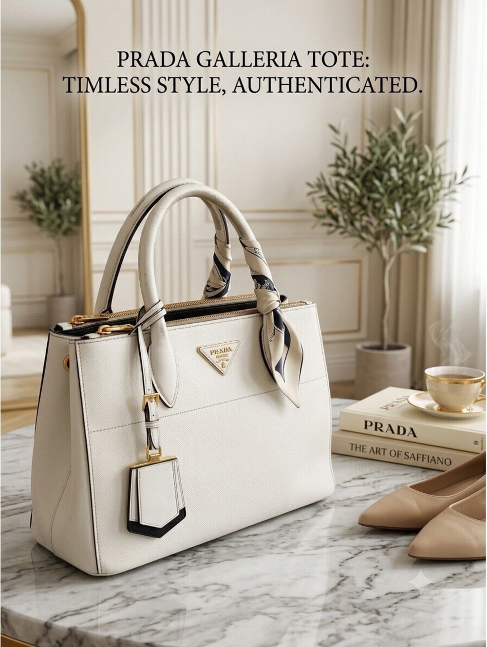 PRADA White Saffiano Leather Galleria Tote Double Zip Handbag Authenticated COA